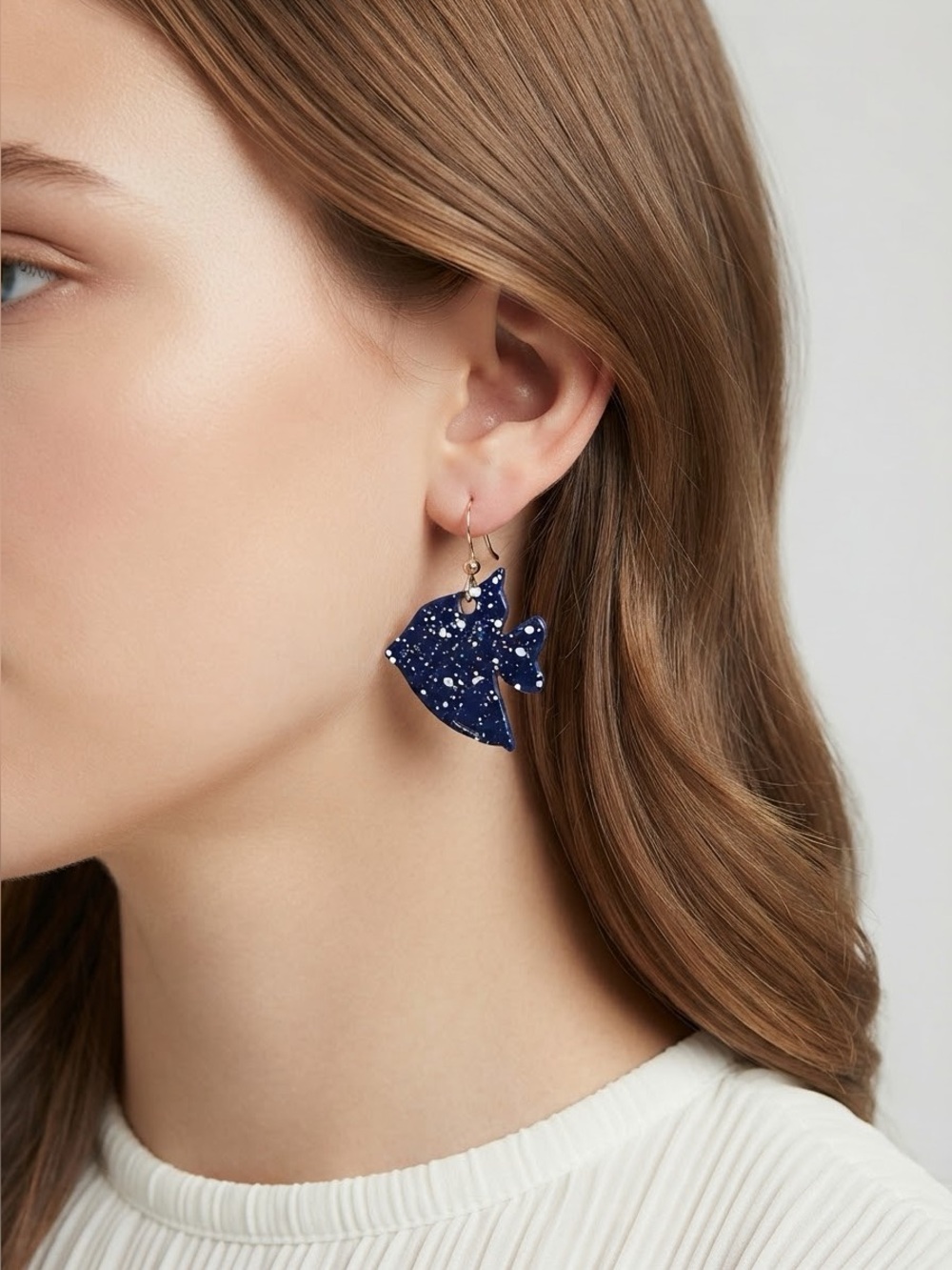 Alfani Navy Speckled Fish Earrings | Blue Enamel Gold Tone Dangle Earrings